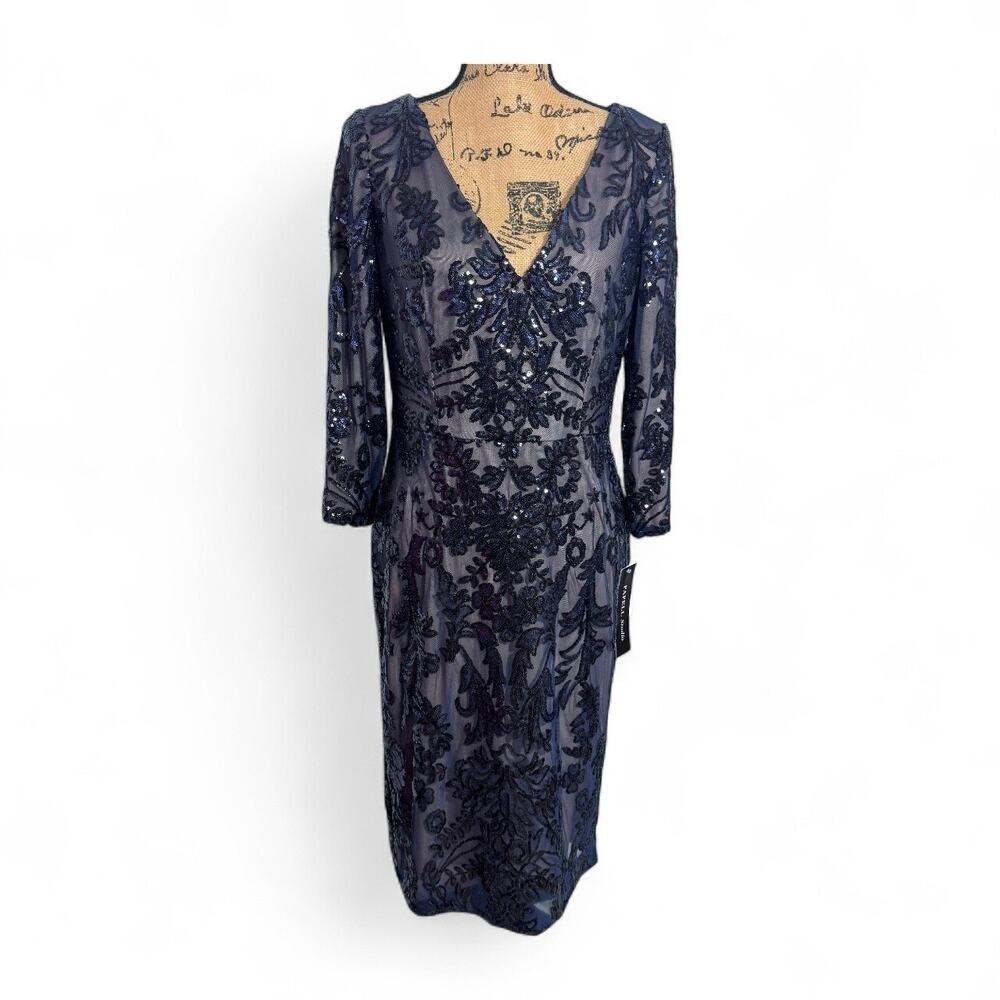 NWT Adrianna Papell Sequined V-Neck 3/4-Sleeve Sheath Navy Dress Size 10